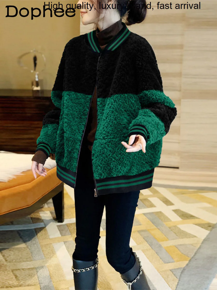 

Contrast Color Patchwork Lamb Fur Coat Women's Loose Casual Thickening Furry Cotton Jacket Outerwear Top 2023 New Winter Clothes