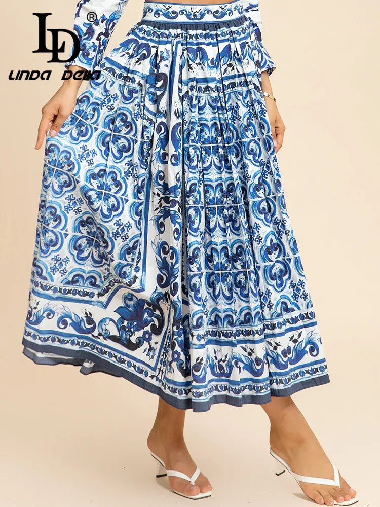 LD LINDA DELLA Fashion Runway Designer Autumn Winter Skirts Women Elegant Blue and White Porcelain High waist Midi Skirts