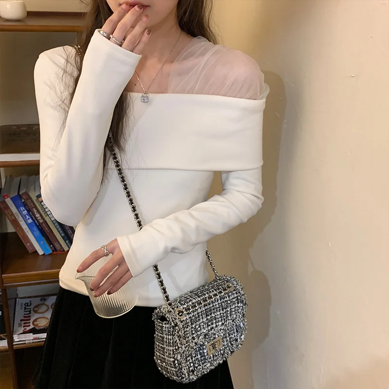 

Women's TOP Shirt Stitched Mesh Bottom Women's Style Thin Xin Exposed Clavicle VELVET Rachel