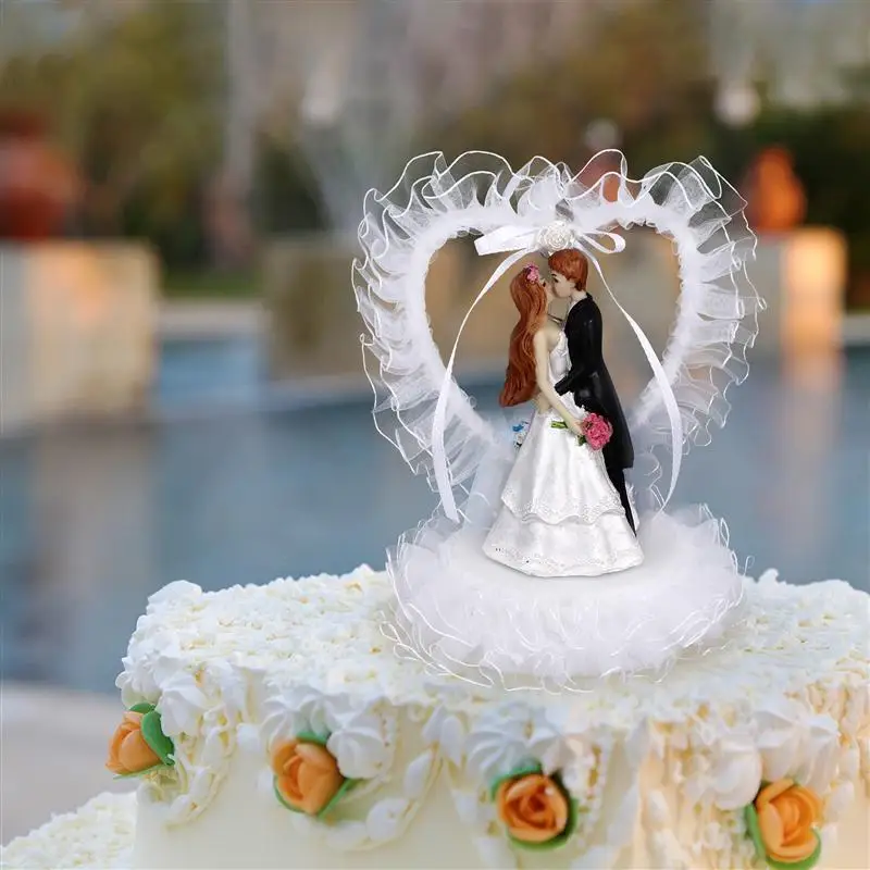 Wedding Scene Layout Prop Cake Dessert Table Decor Heart Shape Bride Groom Cake Decoration Craft Adornment Prop(White Black)