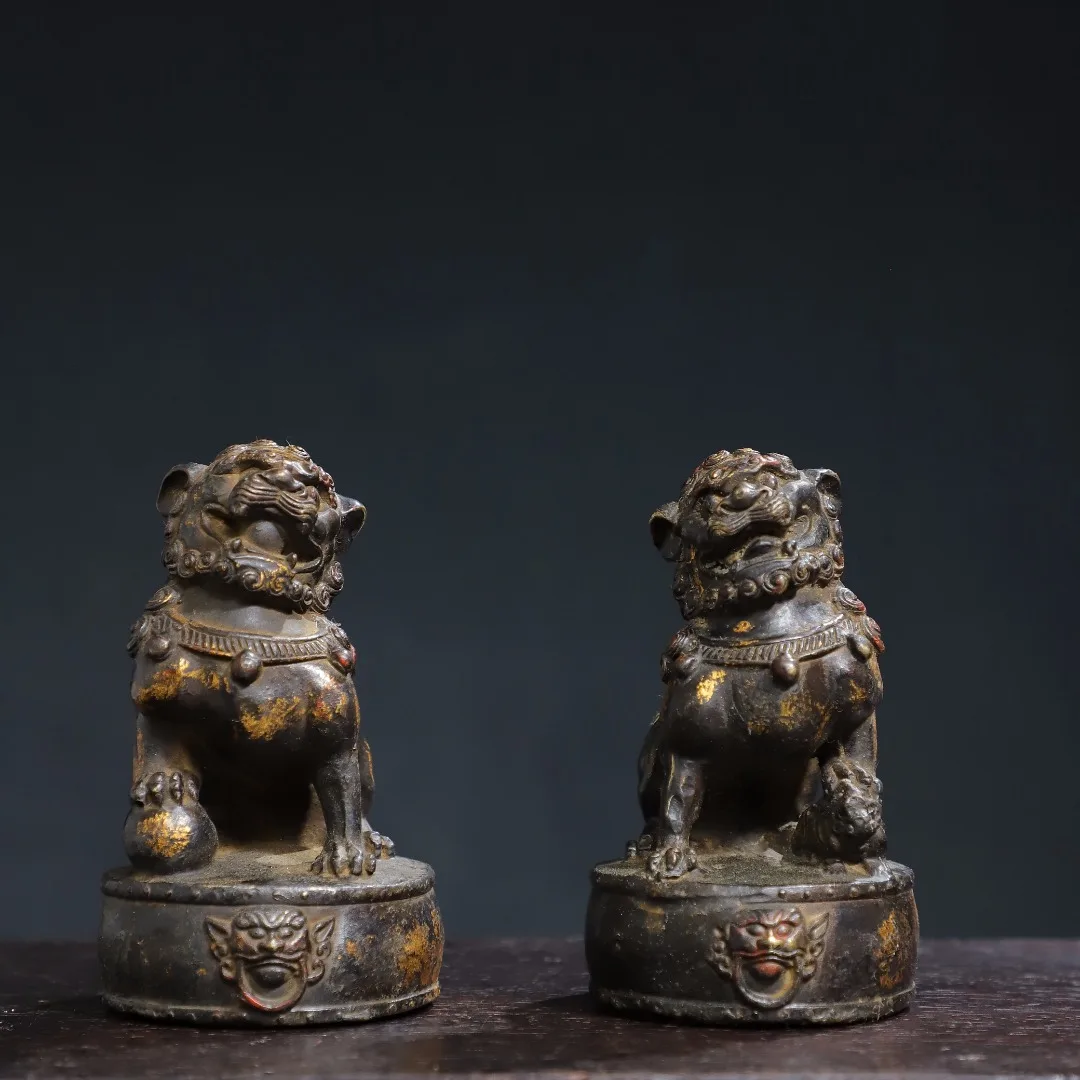 

4"Tibetan Temple Collection Old Bronze Cinnabar Gilt Lion Statue Copywriting Drum lion Gate God A pair Amass wealth Ornaments