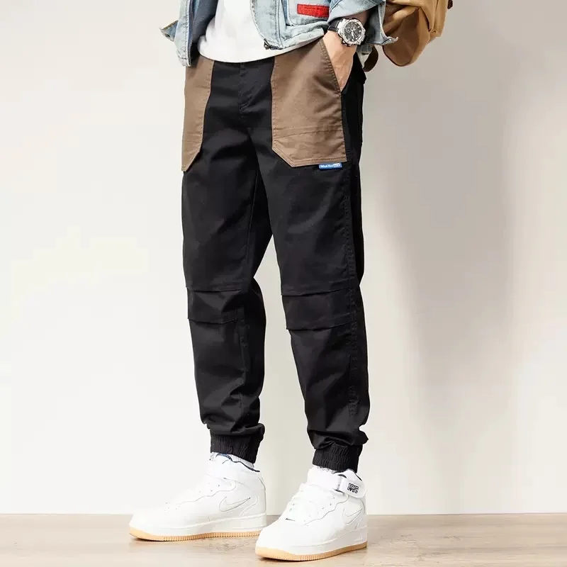 

Cargo Autumn Pants Men Baggy Pencil Pants Fashion Streetwear Black Cotton Pocket Contrast Patchwork Loose Trousers