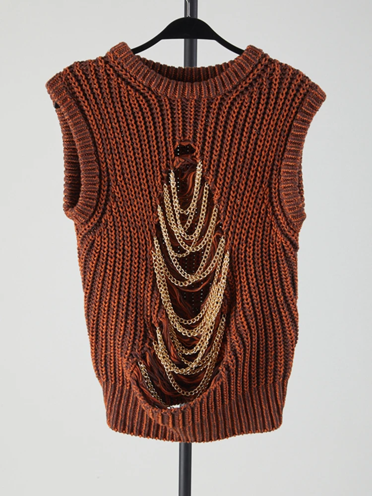 Женский ажурный свитер TWOTWINSTYLE однотонный вязаный жилет с круглым вырезом без