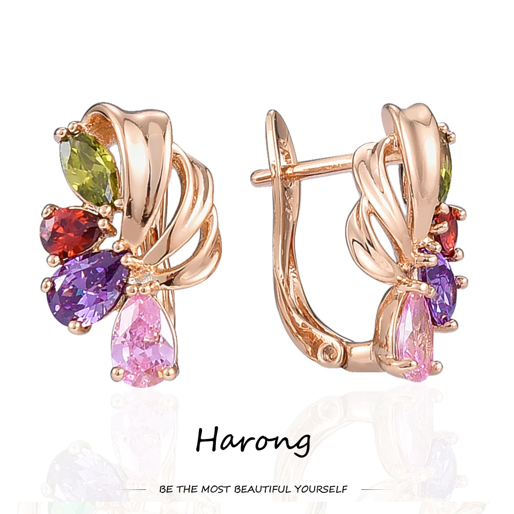 

Harong Colorful Zircon Flower Earrings Classic Aesthetic Jewelry Accessories Gold Color Metal Earring for Women Girls
