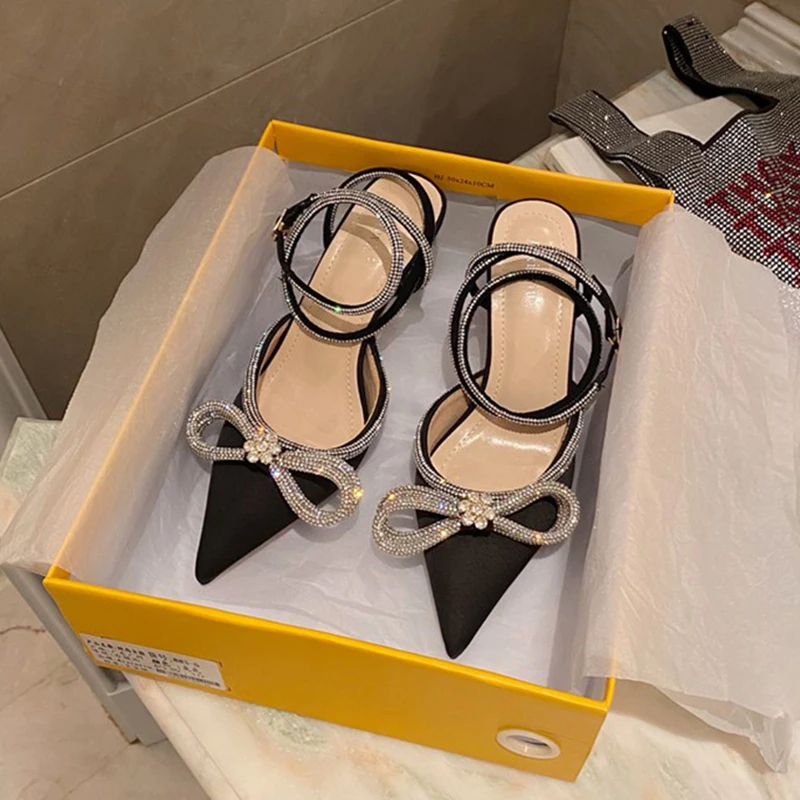 

2021 Runway Glitter Rhinestones Women Pumps Crystal Bowk Satin Summer New Lady Shoes Genuine Leather High Heels Party Prom Shoes