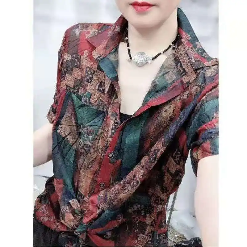 

Vintage Printed Folds Lapel Button Short Sleeve Loose Shirt Fashion Commute Tops Summer Oversized Women Clothing Casual Blouse