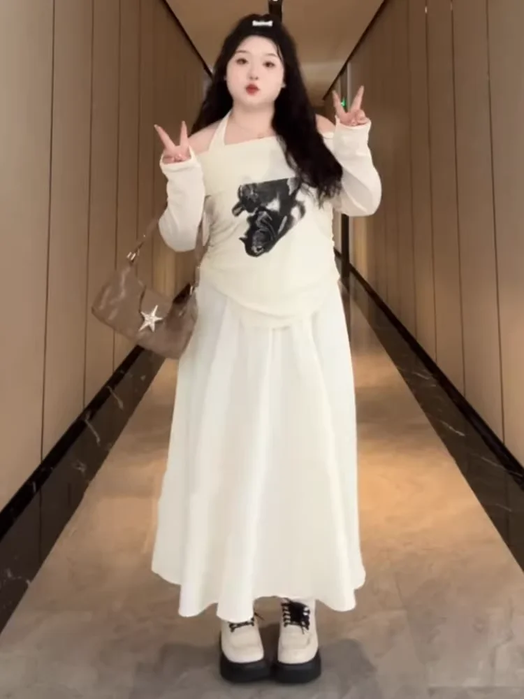 Женский комплект с юбкой на подтяжках больших размеров новинка 2024 ранняя осень