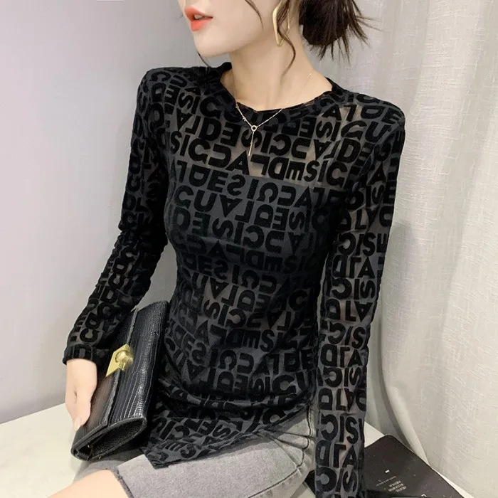 Fashion Irregular Split T-shirt Women's Long Sleeve European Goods Print Mesh Top Slim fit All-Match Bottoming Shirt Women Au...