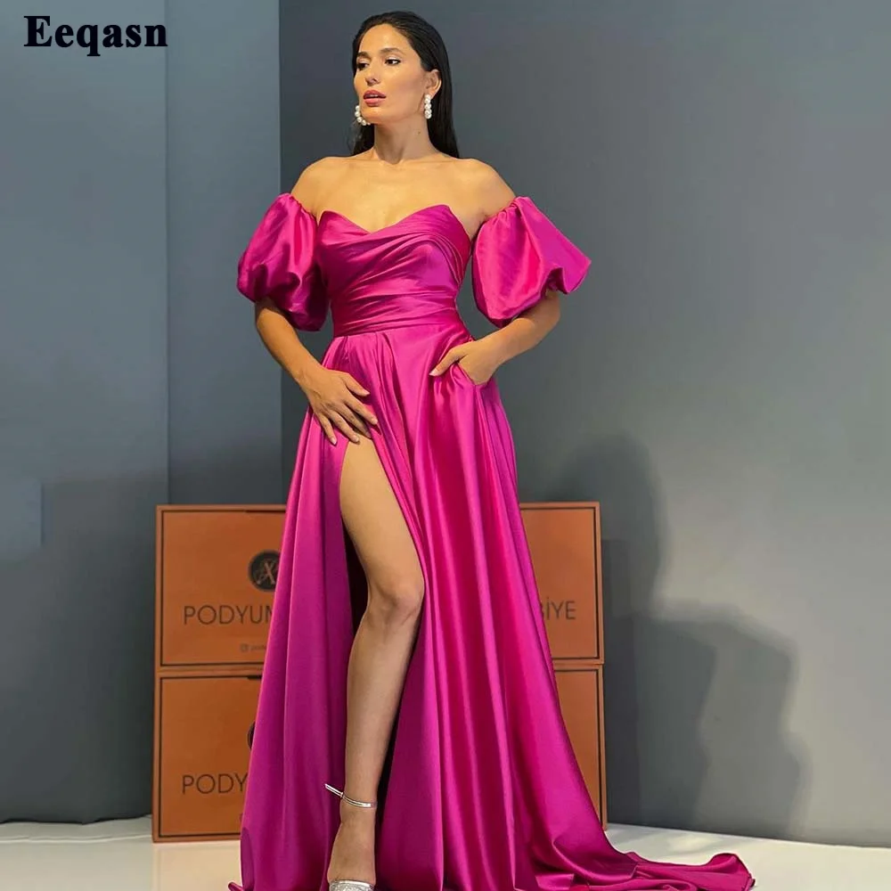 

Eeqasn Fuchsia Satin Evening Dresses Removable Short Sleeves Women Formal Long Prom Dress With Pocket Side Slit Bridesmaid Gowns