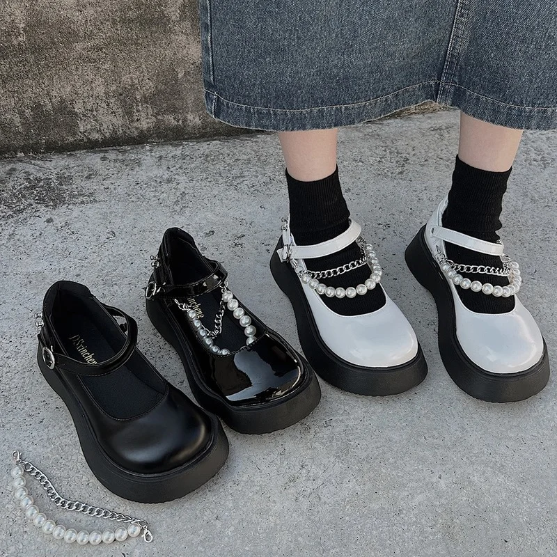 

Pearl small leather shoes women spring and summer new style thick soled head shoes students black style chain single shoes