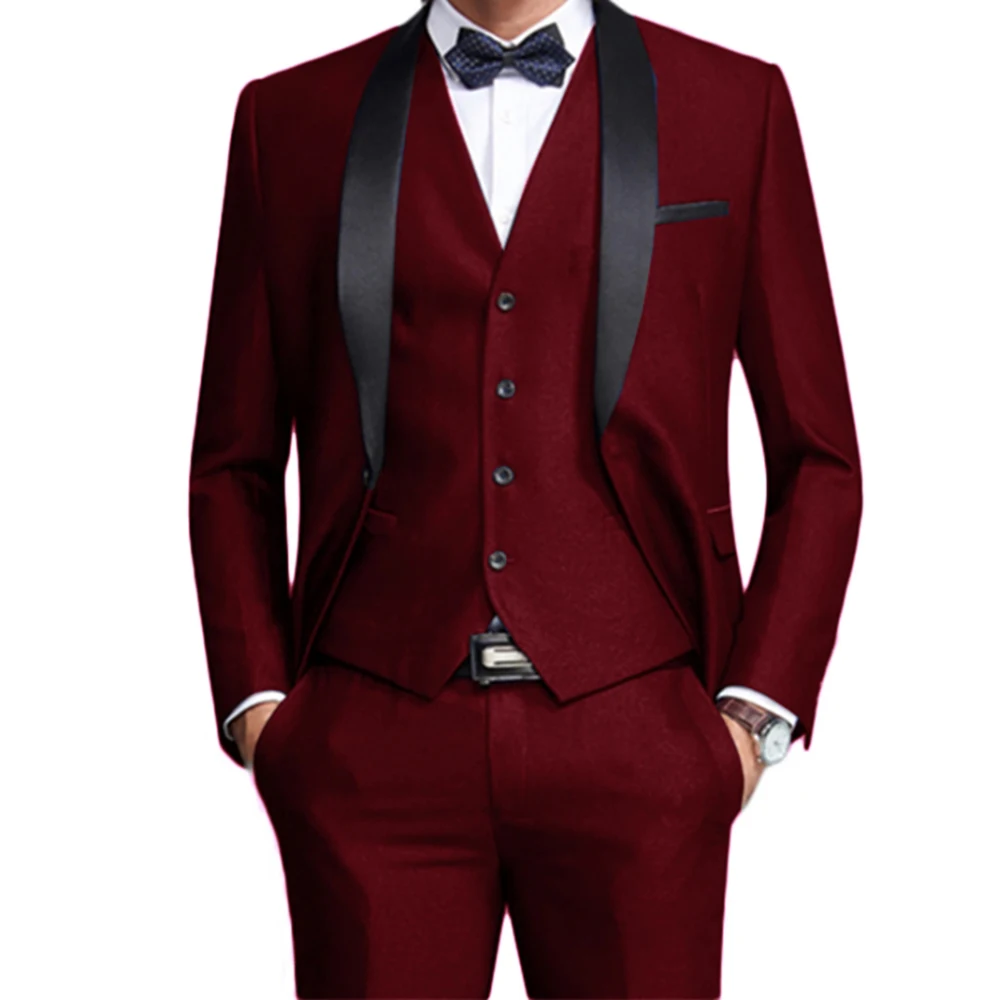 

Burgundy Blazer Men Suits Casual Black Shawl Lapel Single Breasted Terno Costume Hombres Jacket Pants Vest пиджак мужской 2023