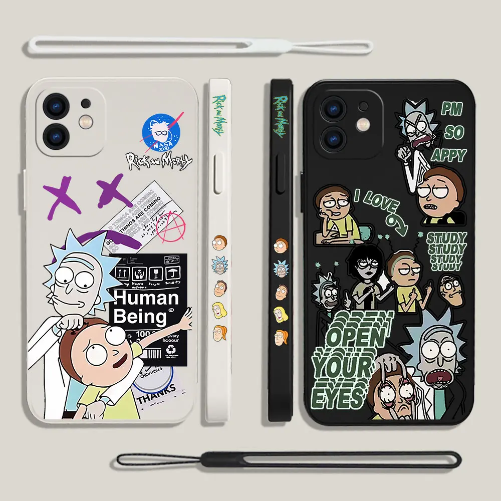 

Funny Ricks and Morties Phone Case For iPhone 14 13 12 11 Pro Max Mini X XR XS MAX SE20 8 7 Plus Silicone Cases with Hand Strap