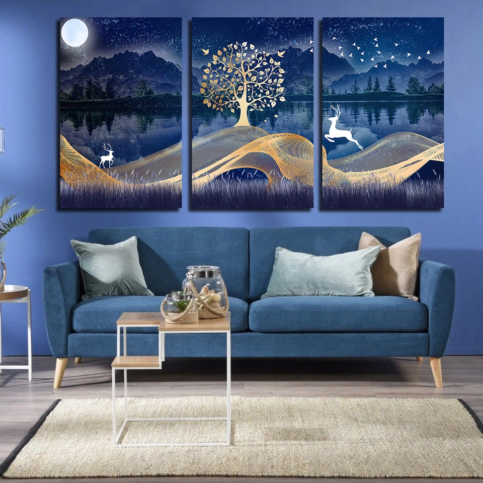 Триптих 5D полностью алмазные картины золотая вышивка дерева оленя полный набор