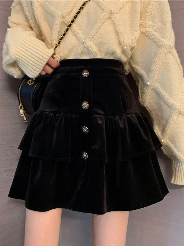 

Spring Black Vintage Y2K Skirt Women Sexy Party Elegant Mini Skirt Female Casual Kawaii A-line High Waist Velvet Skirt 2022 New