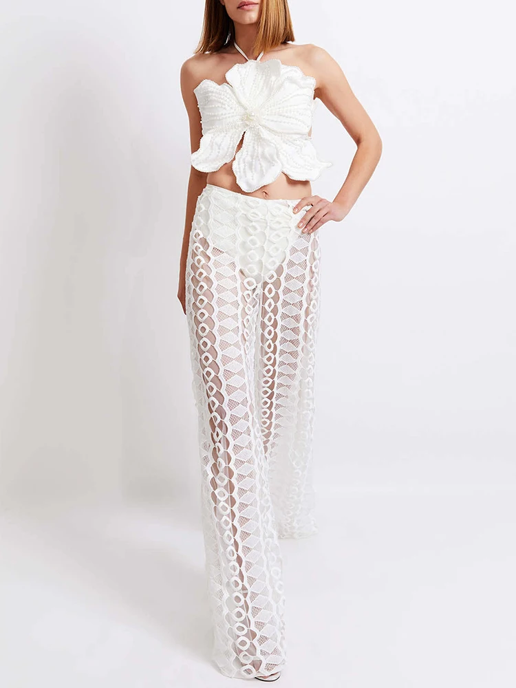 

Beaded 3D Large Floral Bikini Women Swimwear Solid Color Beachwear and Mesh Trunks Sexy Tankini Seaside Vacation Hollow Trousers