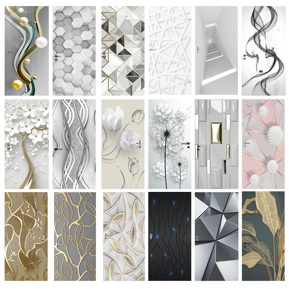 

PVC Door Sticker Modern 3D Abstract Fashion Line Silver Pearl Wallpaper Living Room Art Door Poster Self-Adhesive Mural Stickers