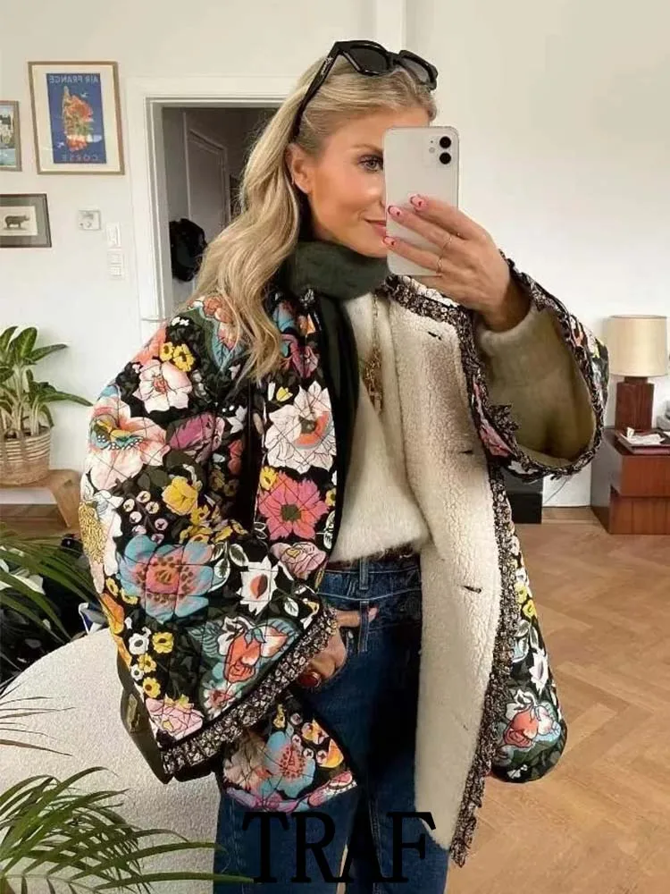 

Парка женская хлопковая с цветочным принтом, длинным рукавом и оборками