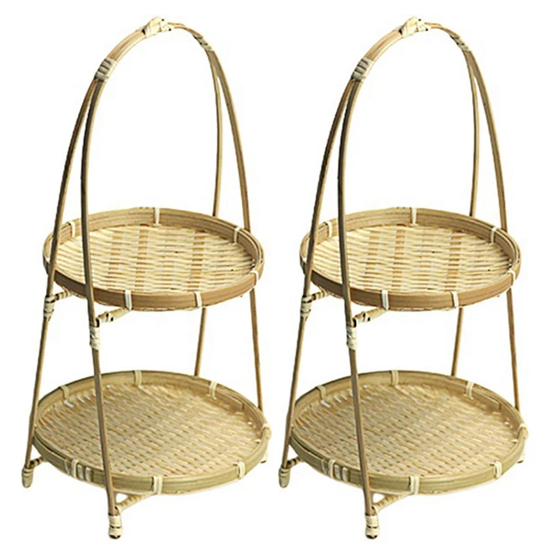

2X Bamboo Weaving Baskets Dish Handmade Home Decoration Storage Fruit Bread Food For Kitchen Organizer Panier Osier