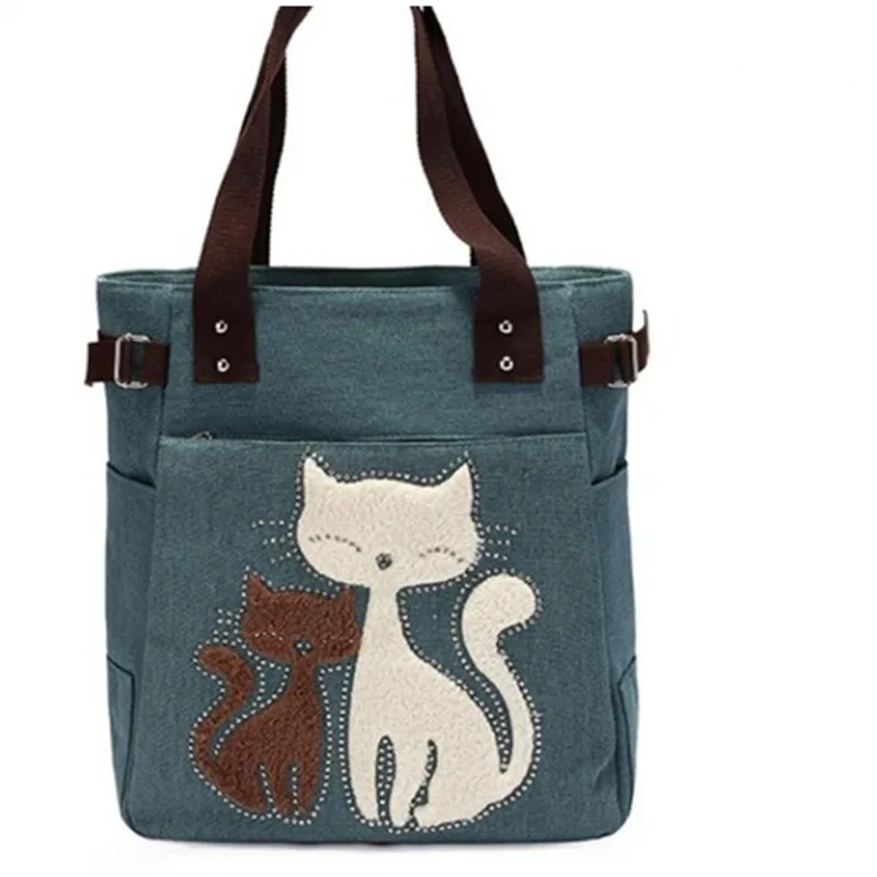 

Lovely Cute Cat Canvas Handbag For Girls Ladies Large Capacity Casual Bag Women Portable Solid Zipper Shoulder Bag
