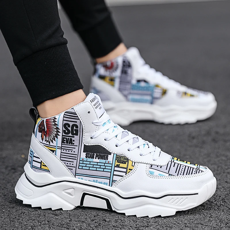 Brand Men High Top Sneakers Boys Comfortable Non-Slip Basketball Shoes Couple Printing Vulcanized Shoes Cool Street Sports Shoes