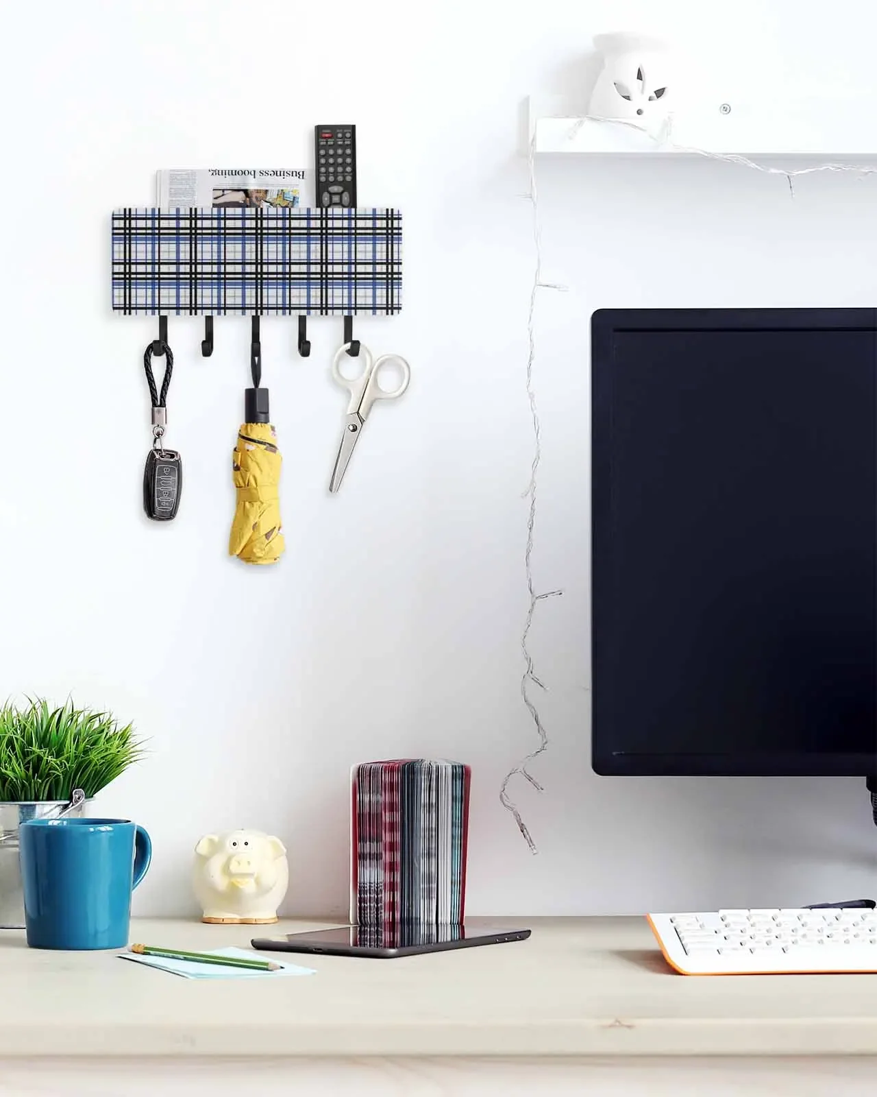 Настенная деревянная полка для ключей в полоску с 5 крючками