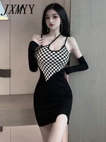 jxmyy 2022 summer fashion new sexy irregular halter neck strapless black and white plaid stitching slim hip dress