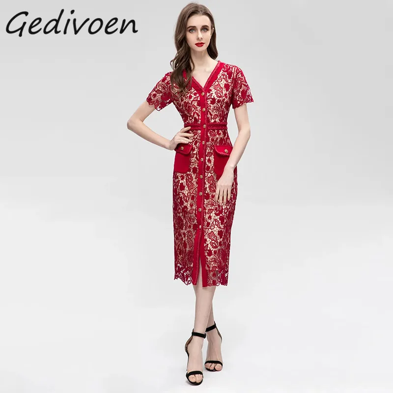 

Платье Gedivoen женское с V-образным вырезом, модное дизайнерское винтажное приталенное миди-платье на пуговицах, с высокой талией и вышивкой, Красное ажурное, на лето