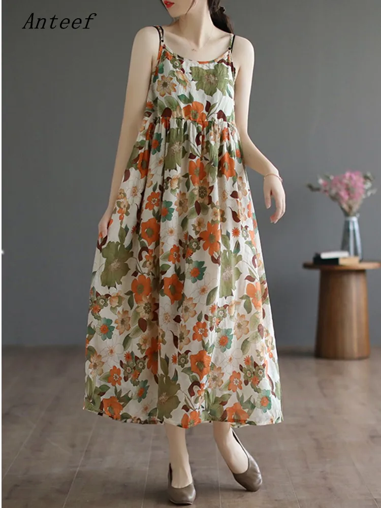 

Женское винтажное платье без рукавов Anteef, повседневное Свободное длинное летнее платье с цветочным принтом, 2023
