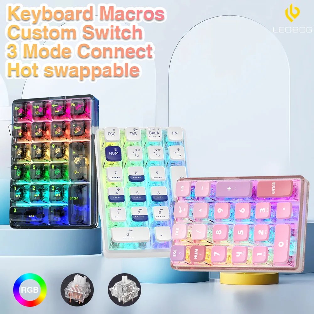 LEOBOG K21 цифровая клавиатура Bluetooth механическая RGB 21 клавиша прозрачная игровая для