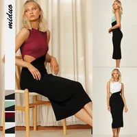women sleeveless bodycon sweater dress side hollow out solid crew neck summer ribbed knit hip wrap stretch midi club dresses