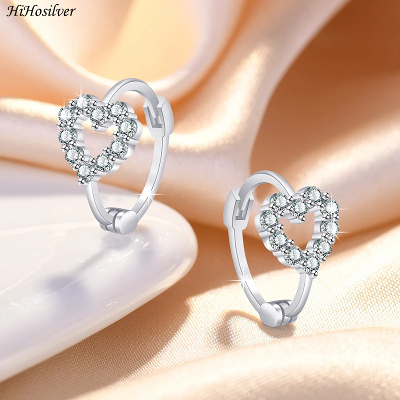 

HiHosilver 925 Silver Needle Women's Crystal Heart Hoop Earrings Trendy Jewelry Gift For Girl New HS0062