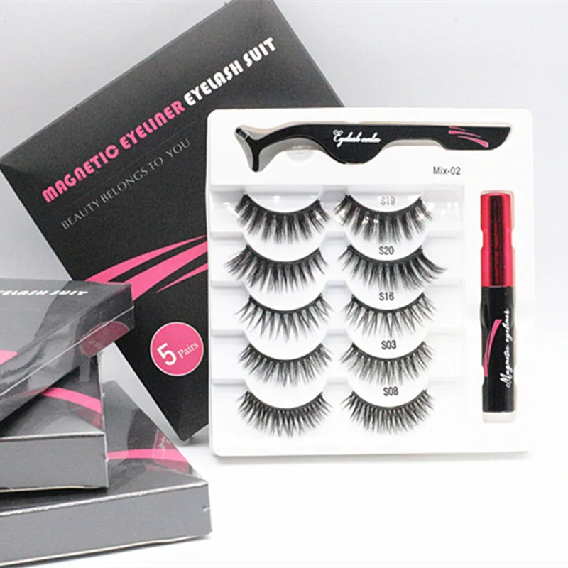 

Professional 5Pairs Magnetic Eyelashes False Lashes Repeated Use Eyelashes Waterproof Liquid Eyeliner With Tweezer Makeup Set