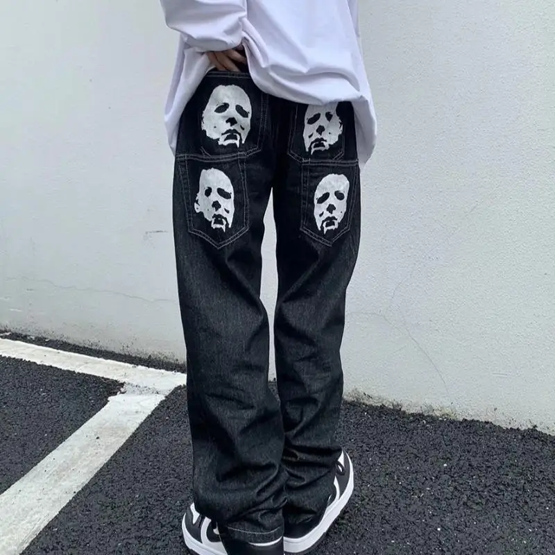 

Casual Loose Jeans Multi Pocket High Street Pants Gothic Print Jeans Women's Street Hip Hop Trend Straight Wide Leg Pants Couple