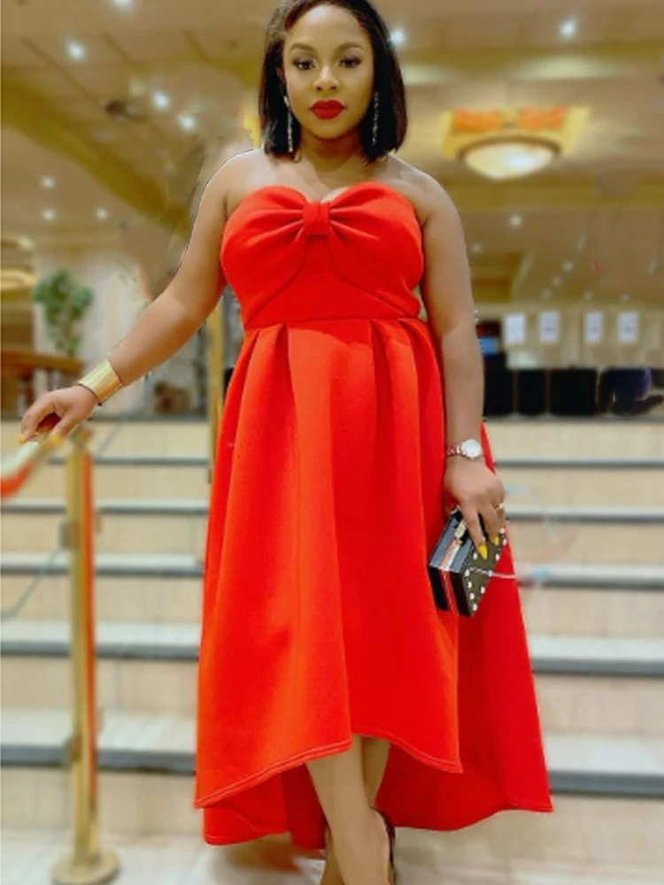 

Strapless Prom Dress Women Tube Top Sexy Off Shoulder Bow High Waist A Line Pleated Birthday Party Red Outfits Irregular Gowns