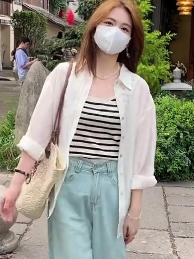 Thin Back Slit Sunscreen Shirts Women Summer 2024 New Stripe Vest Dress Outdoor Cardigan Two-piece Set