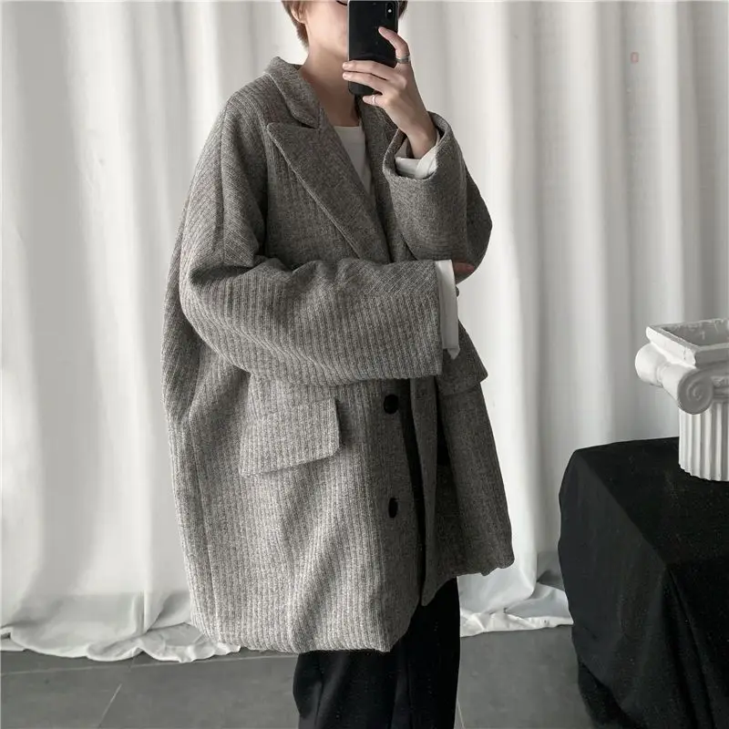 Mid-length thick windbreaker for men Hong Kong style 2022 autumn winter vintage woolen suit jacket unisex Korean corduroy coat