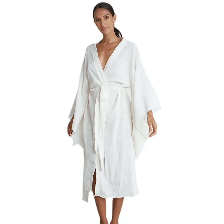 Sleepwear Robes For Women White Irregular Light Robes For Coverage Mid-Calf Home Clothing Full Sleeve Bathrobe Female Dresses