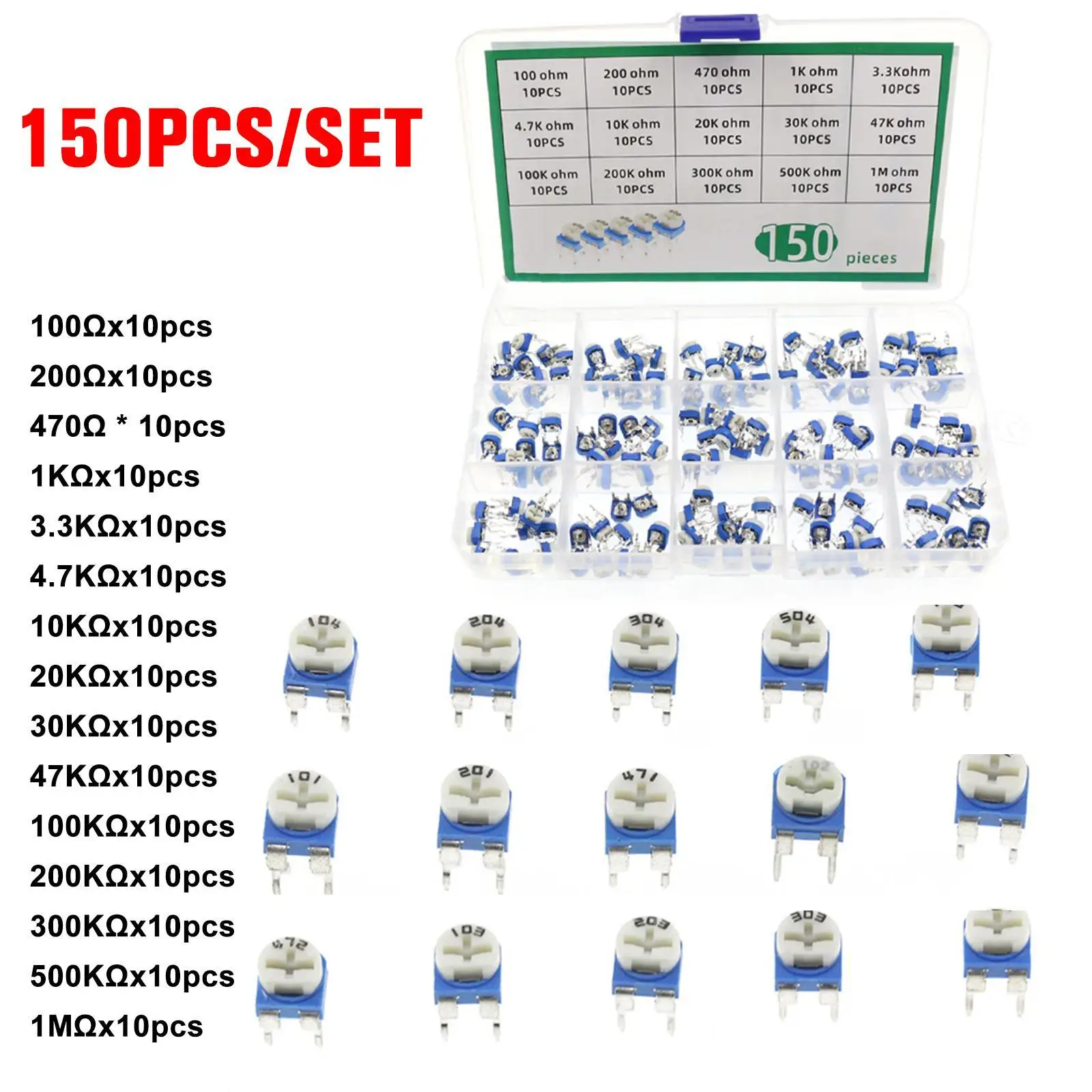 

150 шт. RM065, набор потенциометров с карбоновой пленкой, 10 значений, регулируемый резистор синего и белого цветов