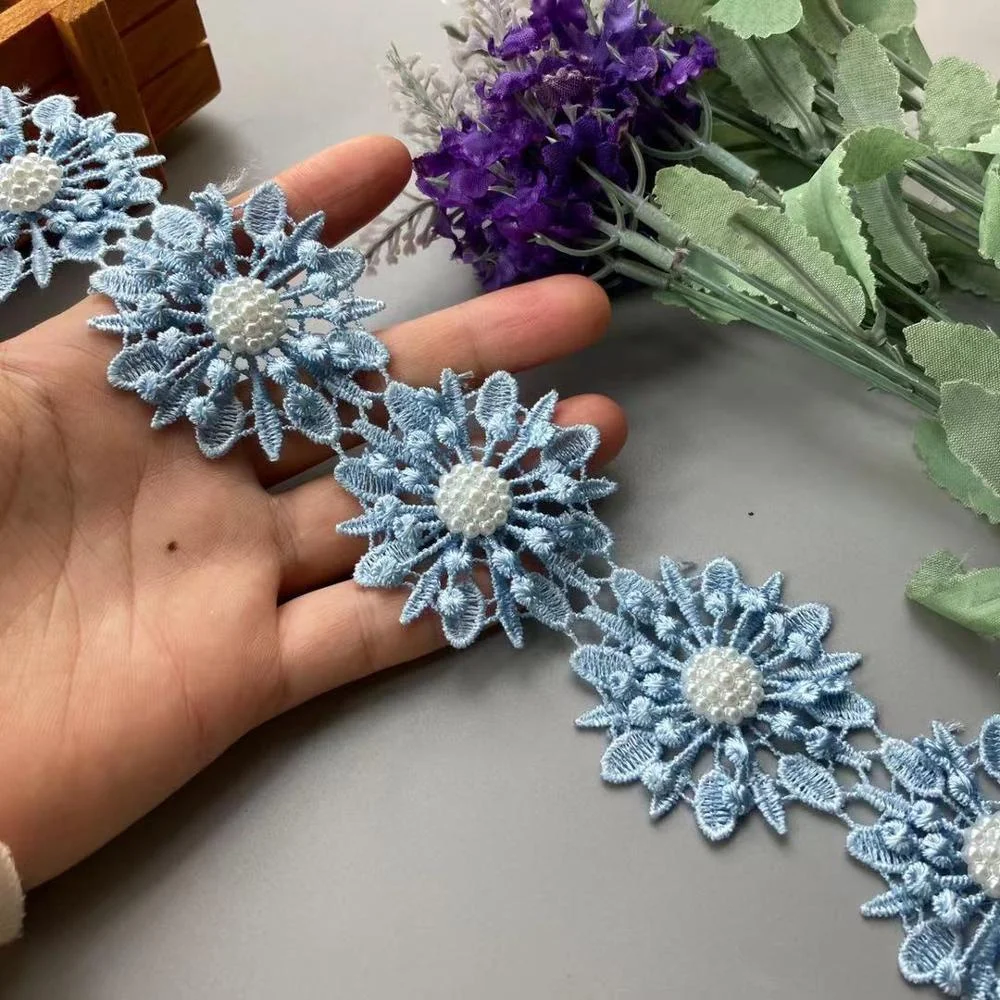 

10x Blue Pearl Handmade Beaded Flower Embroidered Lace Trim Ribbon Double Layered Applique Dress DIY Sewing Craft 5cm New