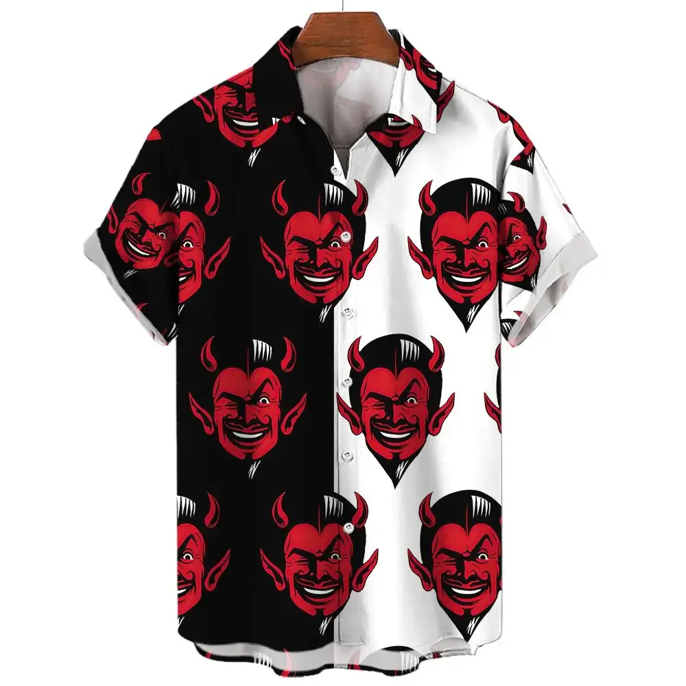 

Devil Pattern Men's Shirt Oversized Shirt Loose Cause and Effect Double Patchwork Red Imp Party Festive Camisas Original Men's S