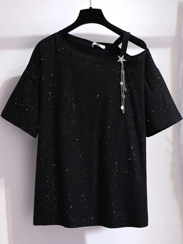 

Summer Plus Size T-shirt Women Casual Cotton Shirt Fashion Solid Shiny Bright T-shirts Ladies Short Sleeve Slash Neck Work Tops