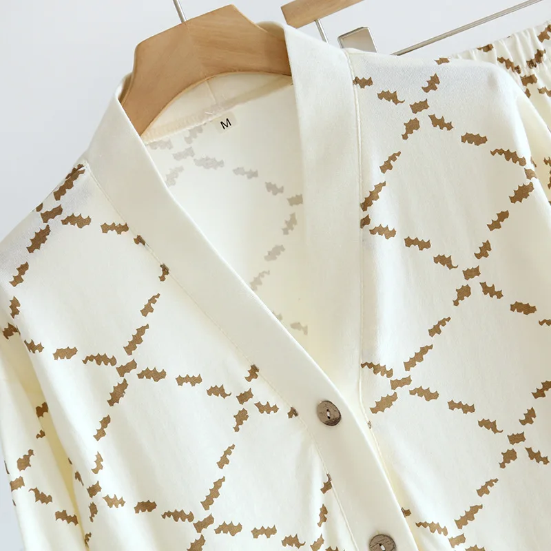 2023 New Spring/Summer Women's Pajama Set 100%Cotton Ladies Diamond Plaid V-Neck Long Sleeve Pants Two Piece Home Suit Sleepwear