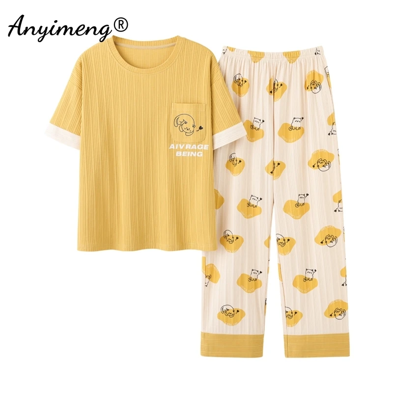 Cute Cats Yellow Pajamas Set for Women Summer Cotton Sleepwear for Lady Dropshipping Plus Size Short Sleeve Long Pants Girls Pjs