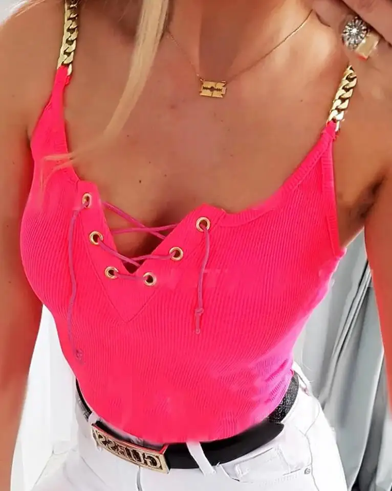 

Y2K Tops Grommet Eyelet Lace-Up Chain Strap Ribbed Tank Top Women Summer Top Sexy Club Clothes New Fashion Skinny Vest