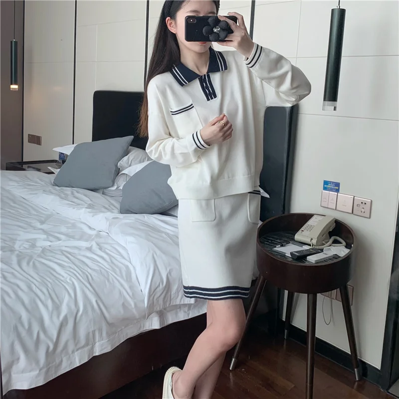 POLO lapel top skirt two-piece knitted wool white suit skirt college style lazy set women's spring and summer
