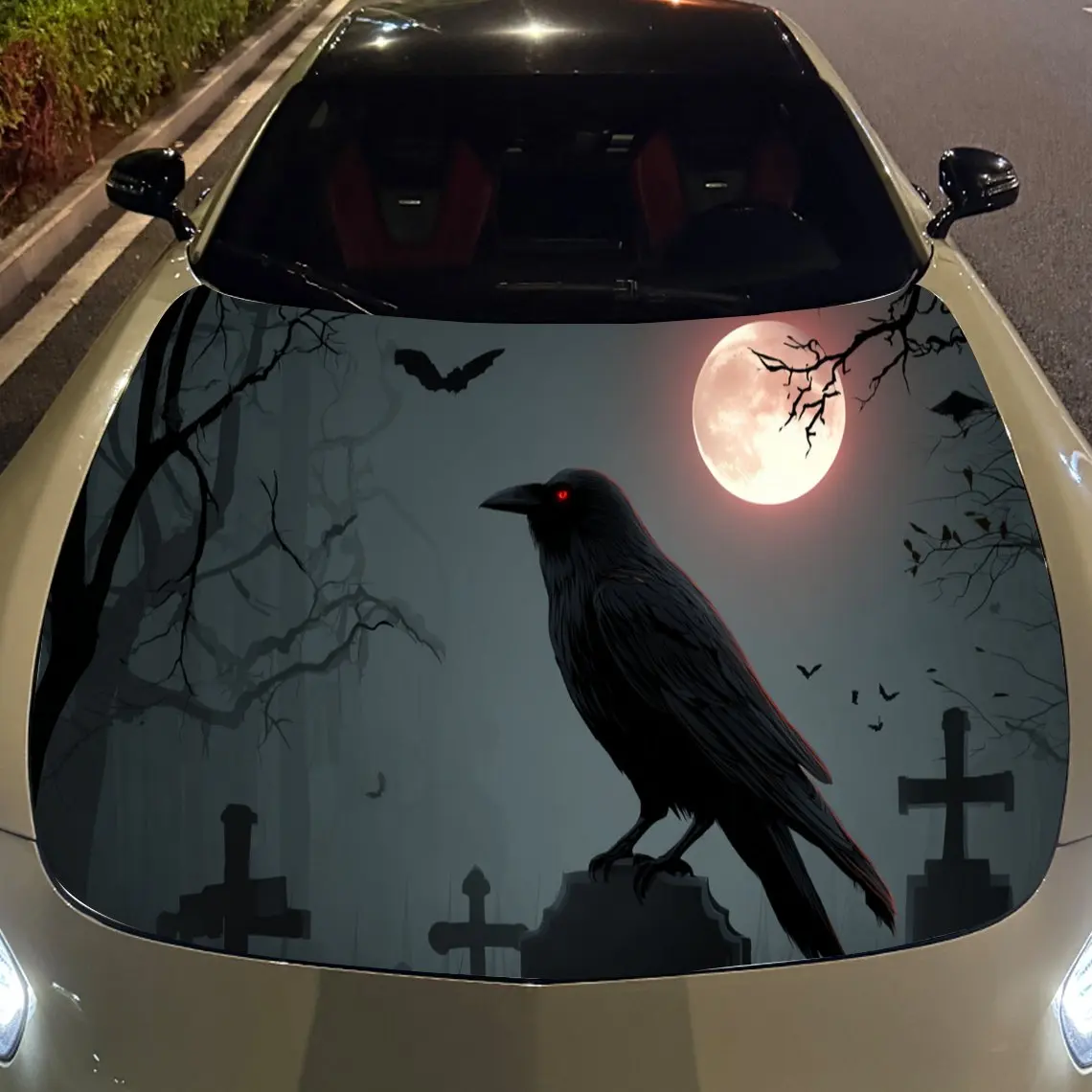 Фото Темная и gloomy graveyard Blood Moon and Crows Виниловые наклейки на капот автомобиля Защитная поверхность автомобиля Наклейка Украшение автомобиля Винил W №5
