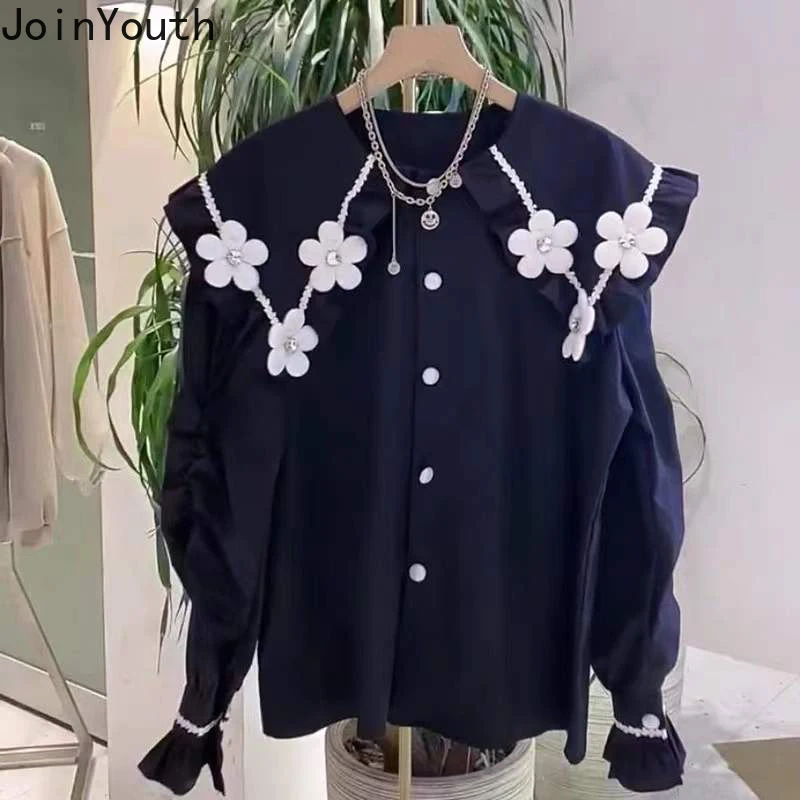 Корейские рубашки женские блузки с бисером и цветочным принтом модная женская