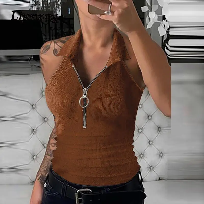 

Винтажный дизайнерский топ с отложным воротником на молнии, женский летний пикантный облегающий пуловер без рукавов для женщин, повседневн...