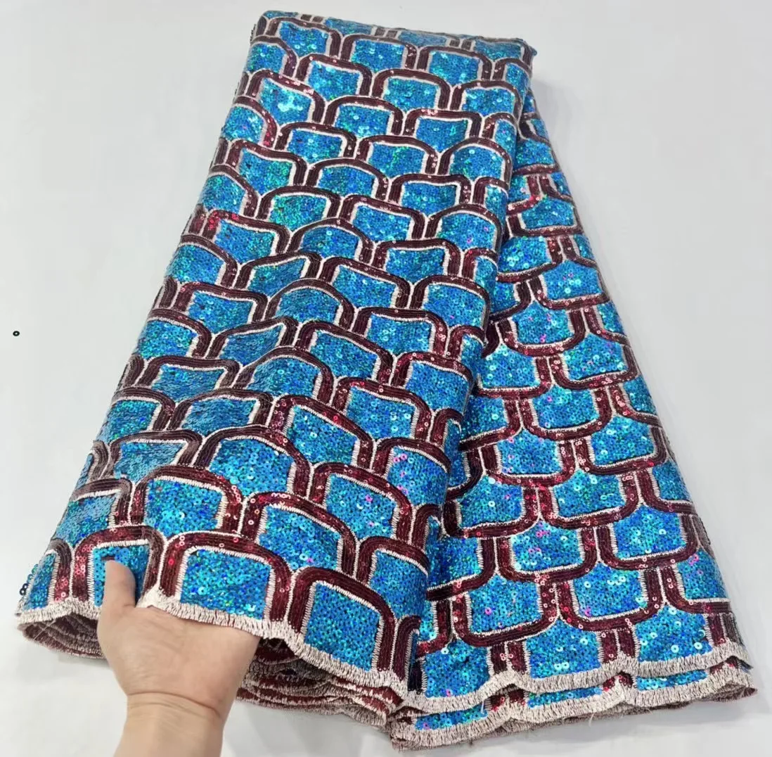 

Sky Blue Nigerian Lace Fabric 2022 High Quality Embroidery African Sequin Tulle Franch Net Lace Fabric For Party Dress KHD22161