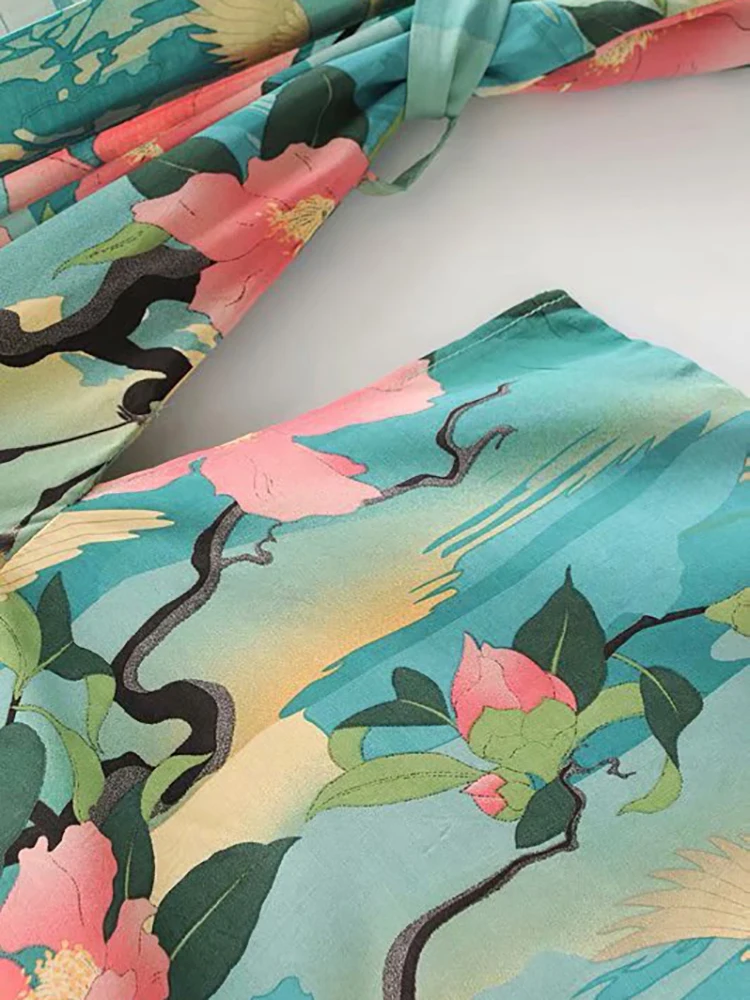 Fitshinling Bohemian Vintage Beach Kimono Swimwear Sashes Print Floral Cover-Up Big Sleeve Green Cotton Spring Autumn Cardigan images - 6